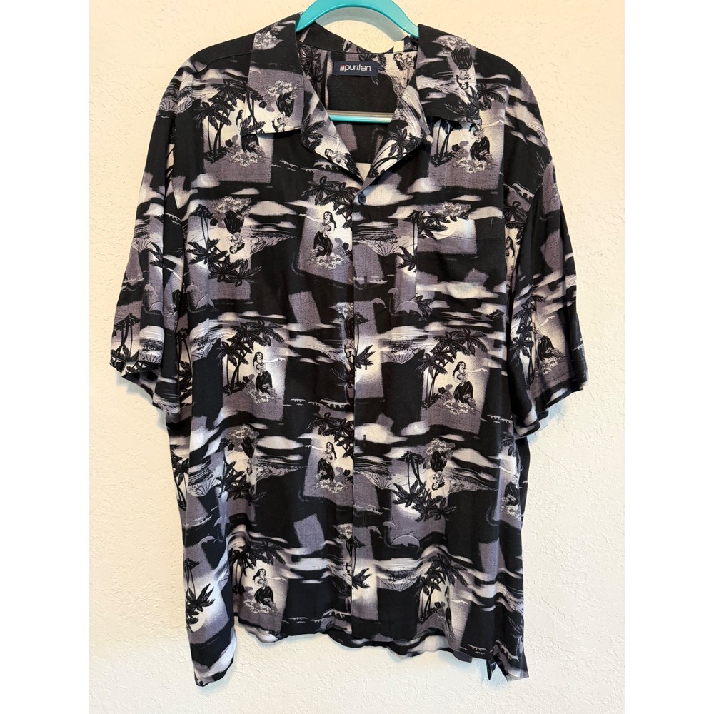 Puritan Mens XL Gray Hula Girl Hawaiian Shirt Rayon Short Sleeve Tropical Camp